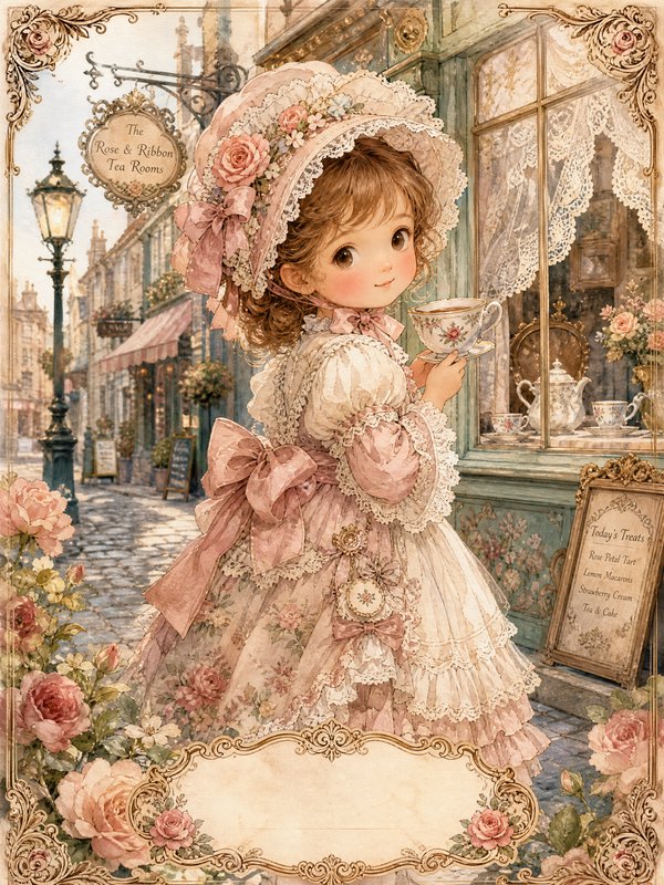 Vintage illustration of a young girl in a lace Victorian dress with a bonnet, holding a teacup outside a tea shop.