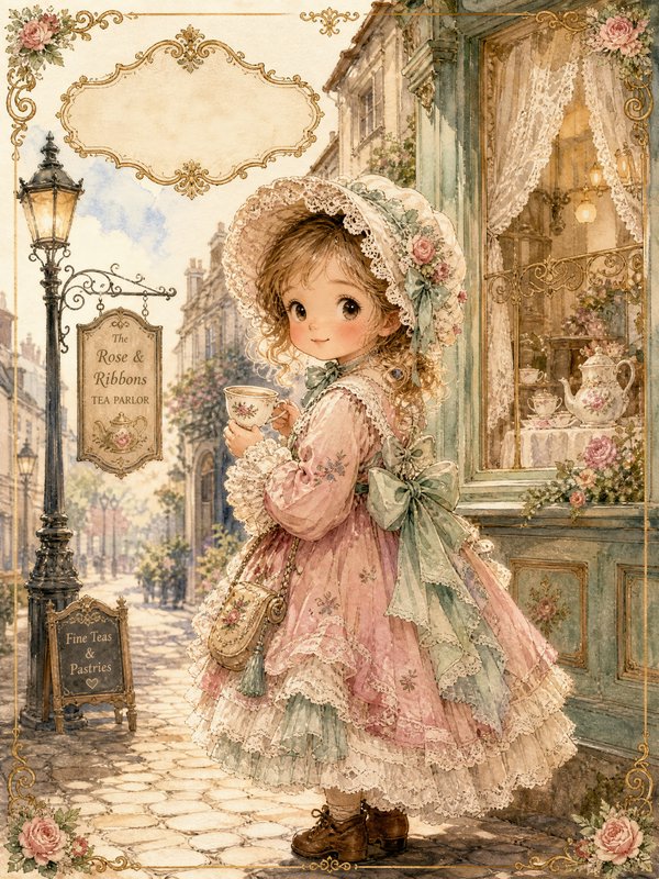 Cute young girl in pink lace Victorian dress with bonnet holding teacup on pastel city street.