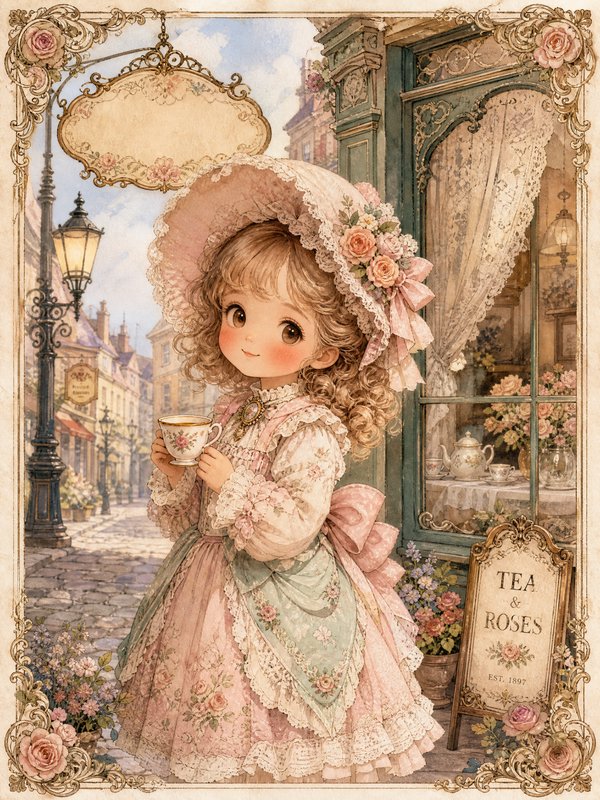 Vintage illustration of a young girl in lace dress outside a tea shop, holding a teacup.