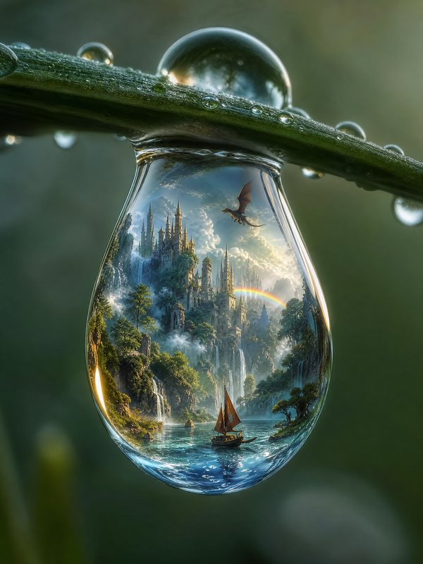 Close-up dew drop on a blade of grass reflecting a fantasy landscape with a castle, waterfall, boat, and rainbow.