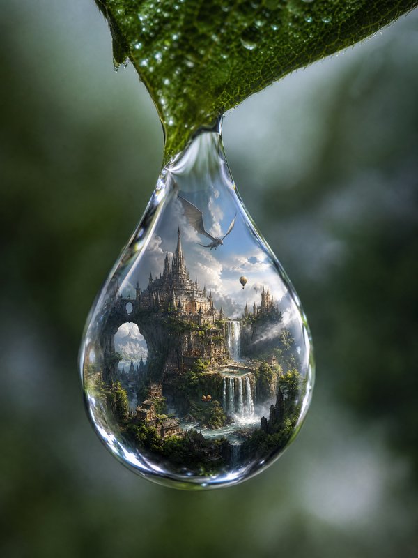 Close-up of a dew drop on a leaf reflecting a fantasy castle and dragon.