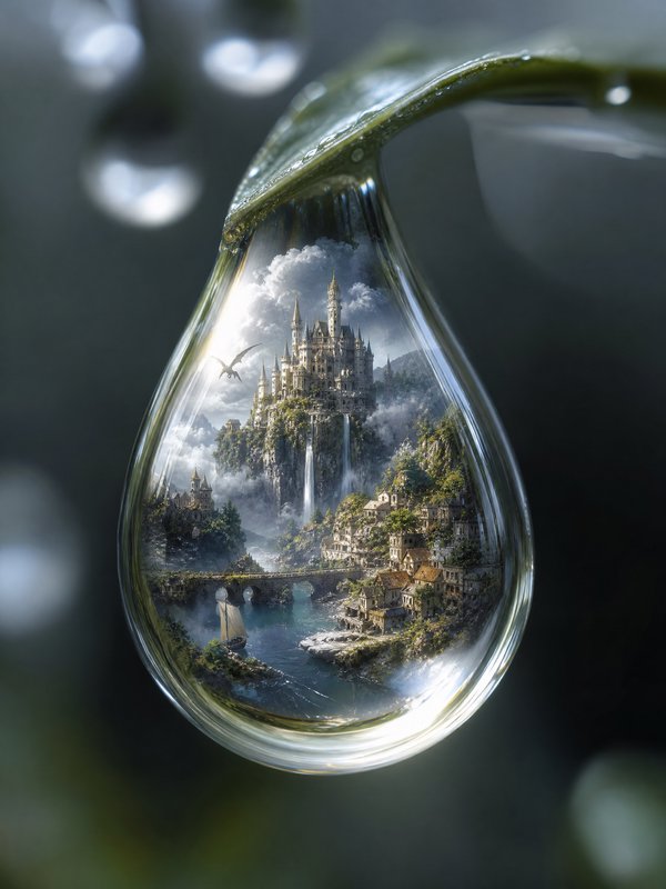 Fantasy castle scene encased in a glass teardrop pendant with waterfall and village.