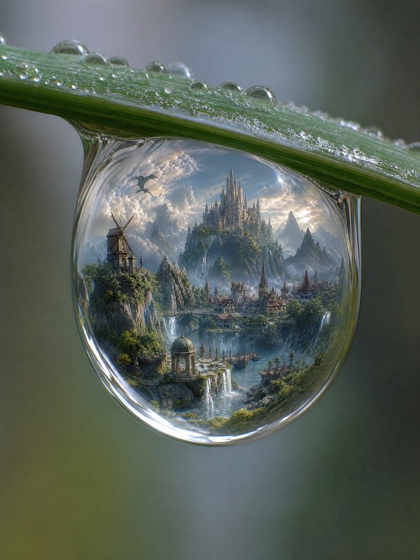Macro water droplet on a leaf reflecting a fantasy medieval city and castle.