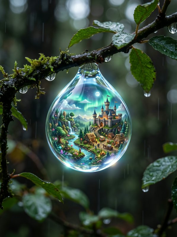 A glass teardrop hanging from a mossy branch reveals a fantasy village and castle inside.