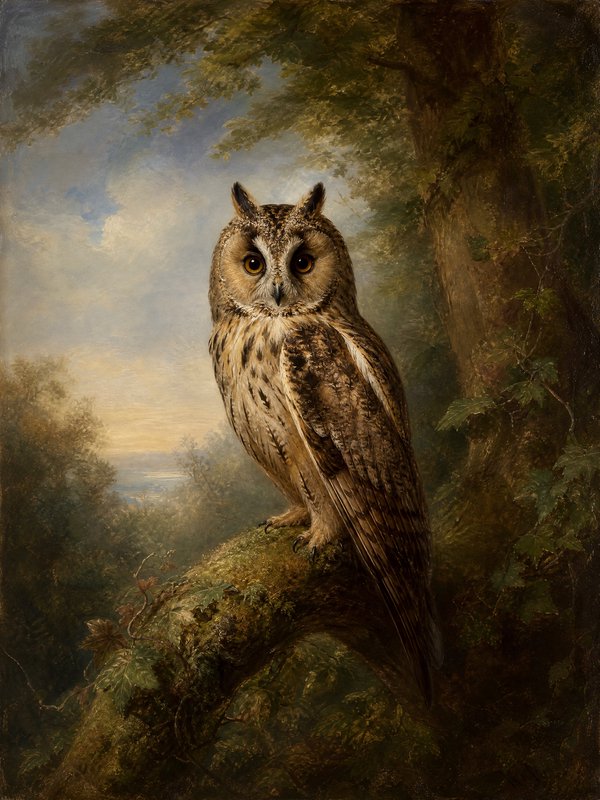 Realistic owl perched on a mossy branch in a sunlit forest setting, detailed feathers and attentive gaze.