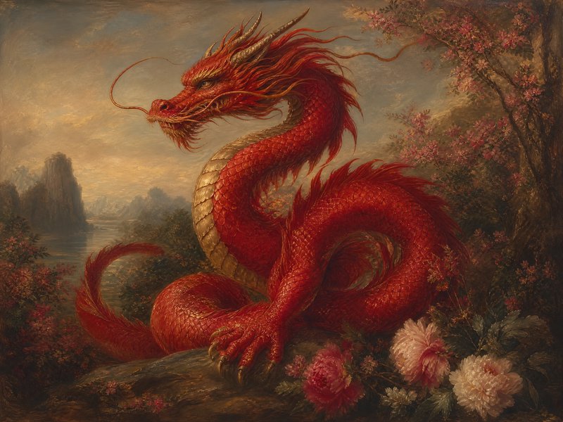 Red dragon coiled among blossoms in a painterly landscape