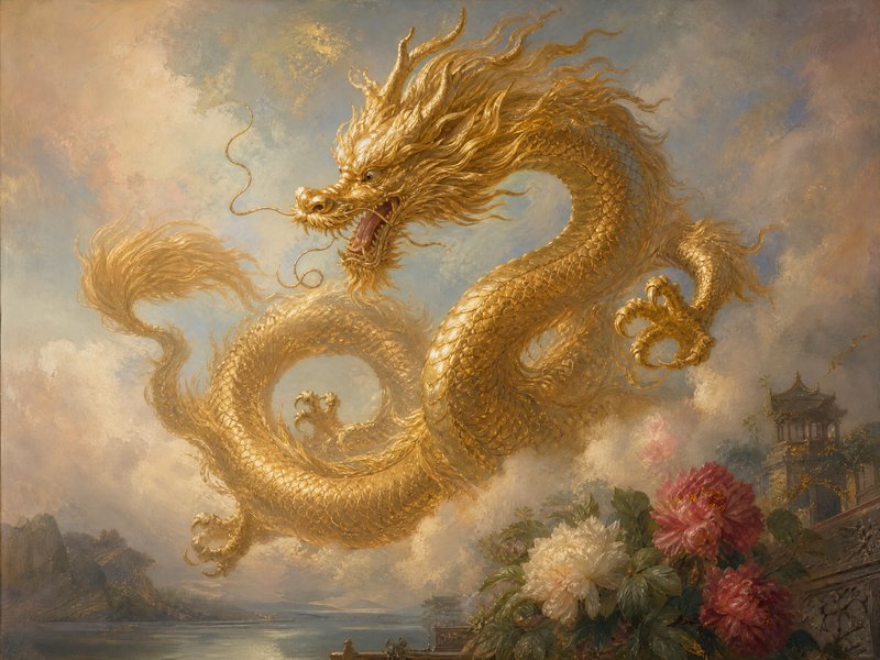 Golden dragon coiled midair above a misty landscape with peonies in the foreground