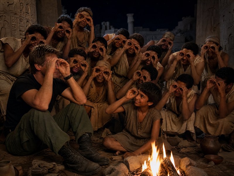 Group of men and boys in ancient tunics around a campfire, making spy-glass hands at night.