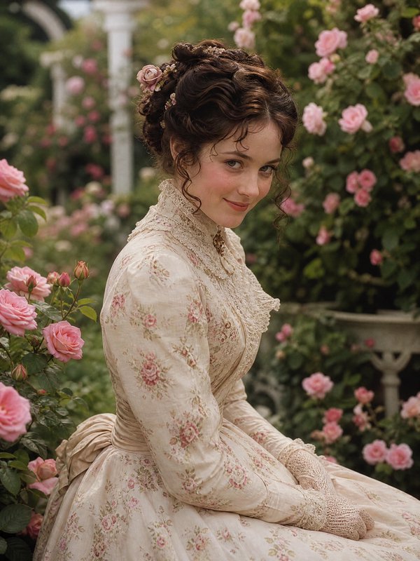 Young woman in a Victorian-inspired lace floral dress sits among pink roses in a garden.