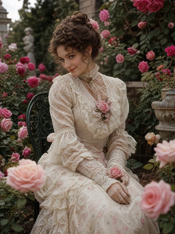 Woman in cream vintage lace dress seated in a rose garden among pink roses.