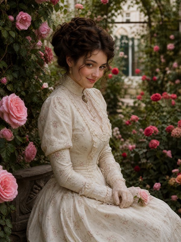 Woman in vintage cream lace dress and gloves seated among pink roses in a garden.