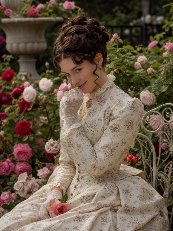 Woman in cream floral vintage dress with lace gloves in a rose garden, portrait-style scene.