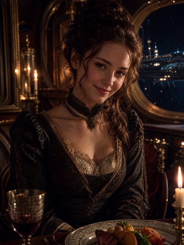 Elegant woman in a Victorian-style lace gown dining by candlelight inside a starship cabin, with a spaceport view