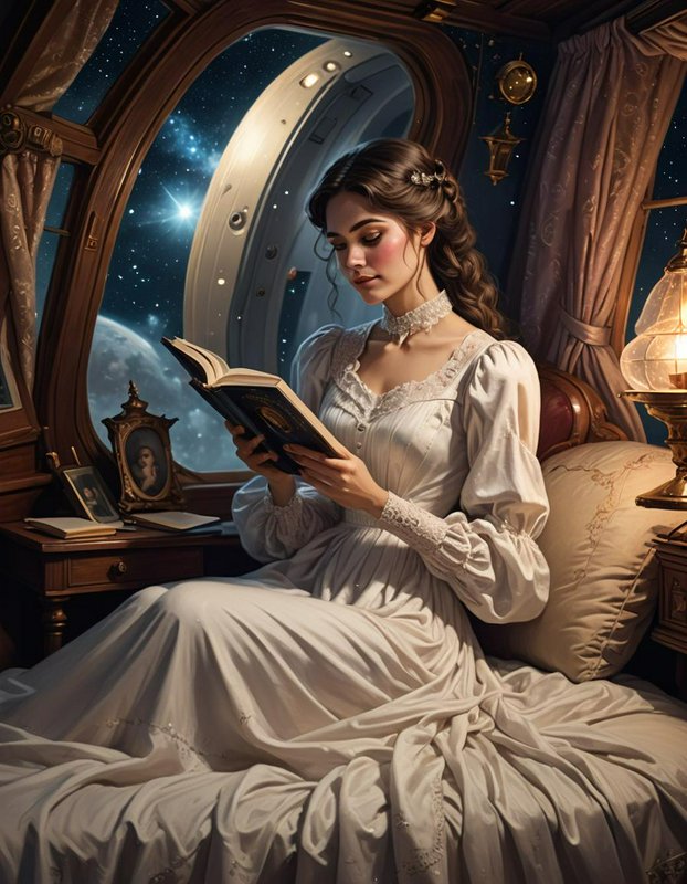 Woman in a vintage white dress reading a book inside a cabin with a starry space view through a porthole.