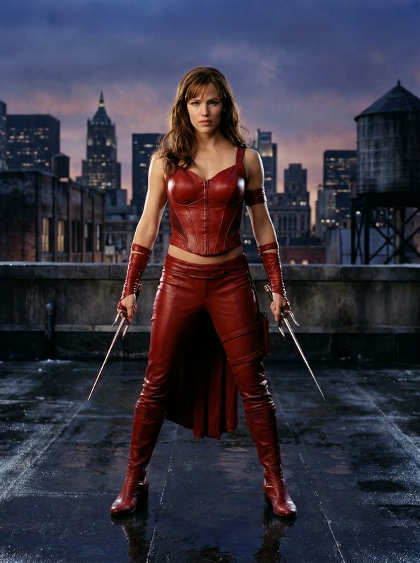 Woman in red leather superhero outfit with daggers on a rooftop with city skyline at dusk.