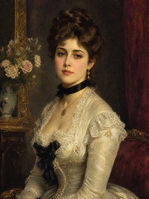 Portrait of a woman in a white lace gown with jewelry, 19th-century style.