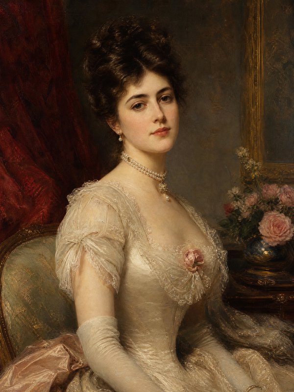 Portrait of a graceful woman in an ivory lace gown with pearls, seated indoors.