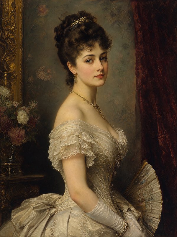 Portrait of a young aristocratic woman in a pale ivory lace gown, gloves, and a fan.