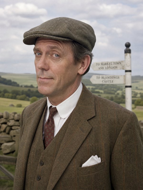 Man in vintage tweed suit and flat cap standing outdoors with countryside and signposts.