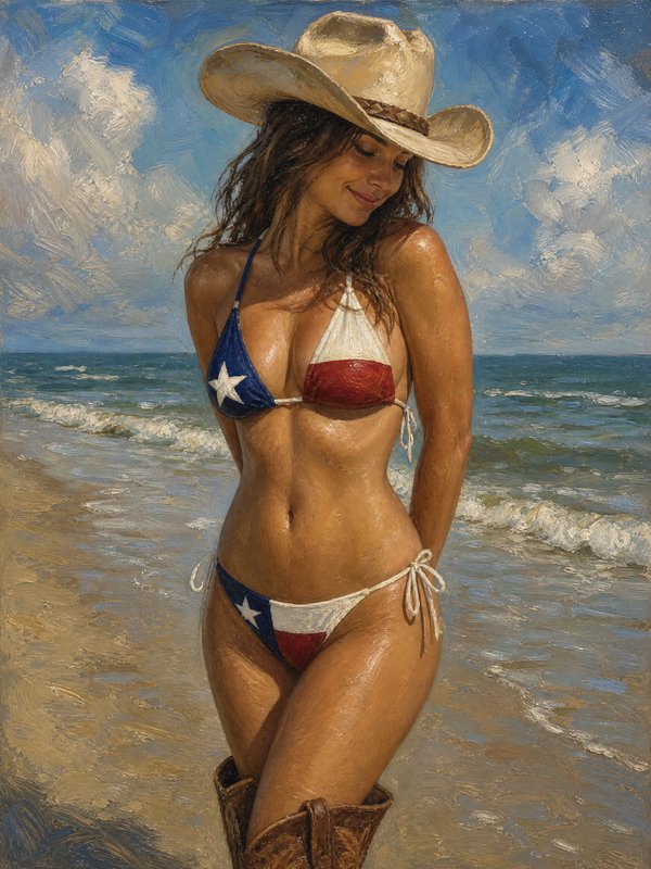 Painted woman in a star-spangled bikini and cowboy hat walking on a sunny beach.