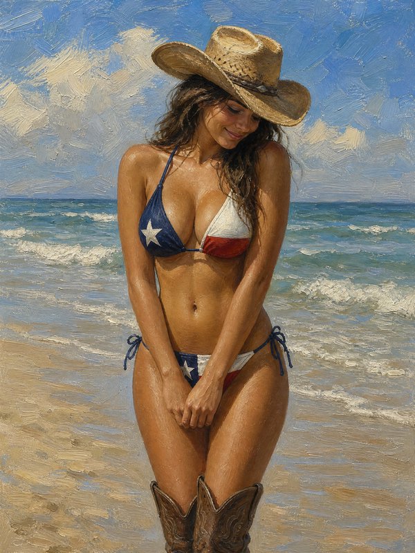Woman in a US-flag bikini with a straw hat and cowboy boots on the beach.
