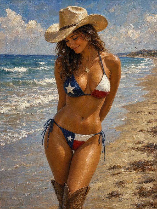 Woman in a patriotic bikini and cowboy hat on a sunlit beach by the ocean.