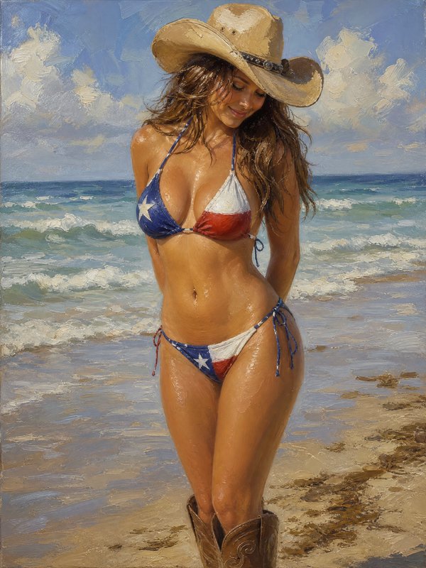 Painted woman in a stars-and-stripes bikini and cowboy hat on a sunny beach.