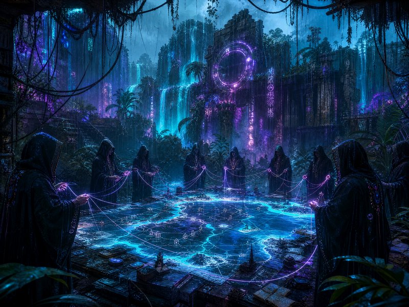 Hooded figures around a glowing ritual circle in a neon-lit jungle temple.