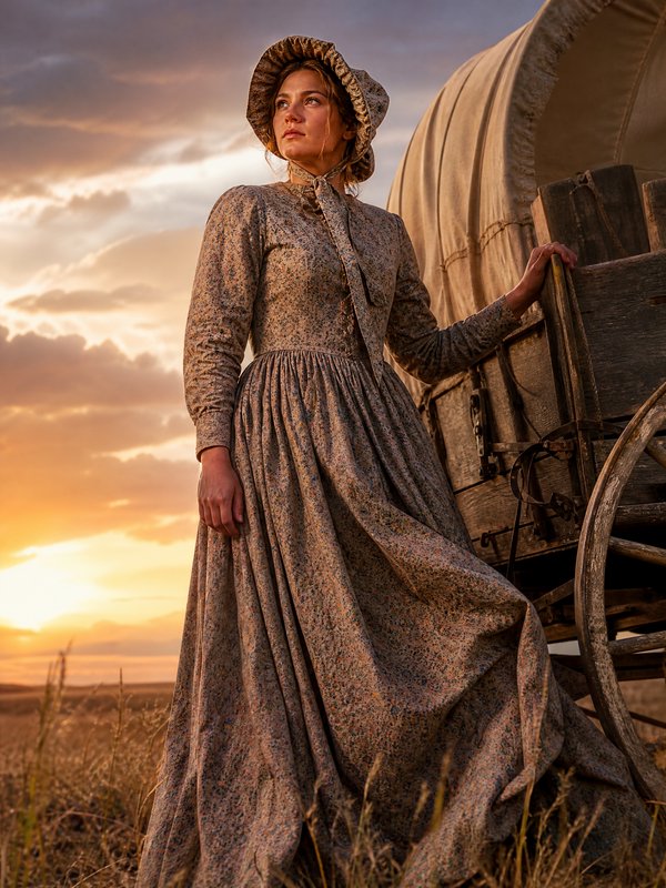 Woman in a vintage floral Victorian-era dress and bonnet beside a covered wagon at sunset.