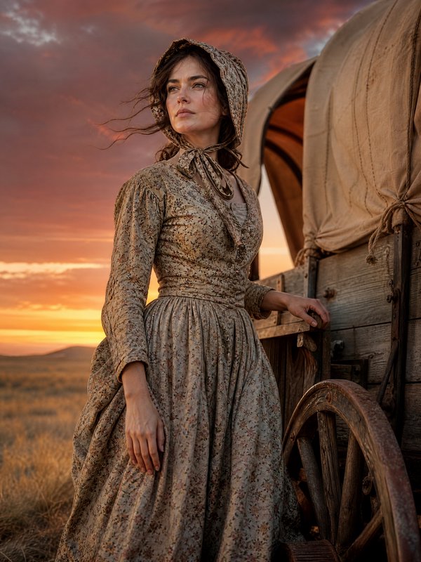 Woman in a vintage floral dress with bonnet beside a covered wagon at sunset on the prairie.