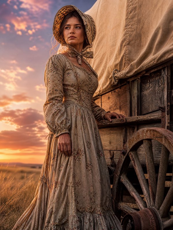Woman in vintage floral dress and bonnet beside a wooden wagon at sunset in a prairie setting.