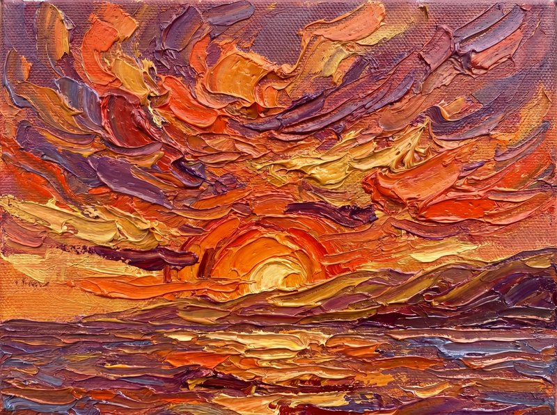Impressive oil painting of a vibrant sunset over the sea with thick, textured impasto strokes.