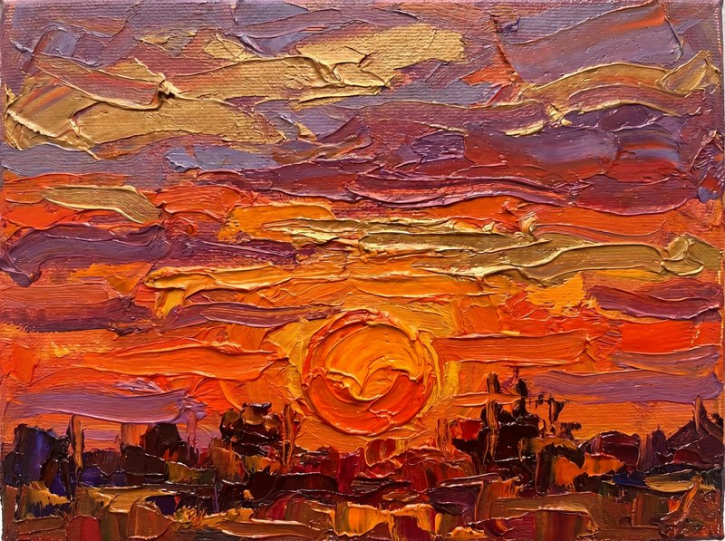 Textured impressionist sunset over a city skyline with a bold orange sun.