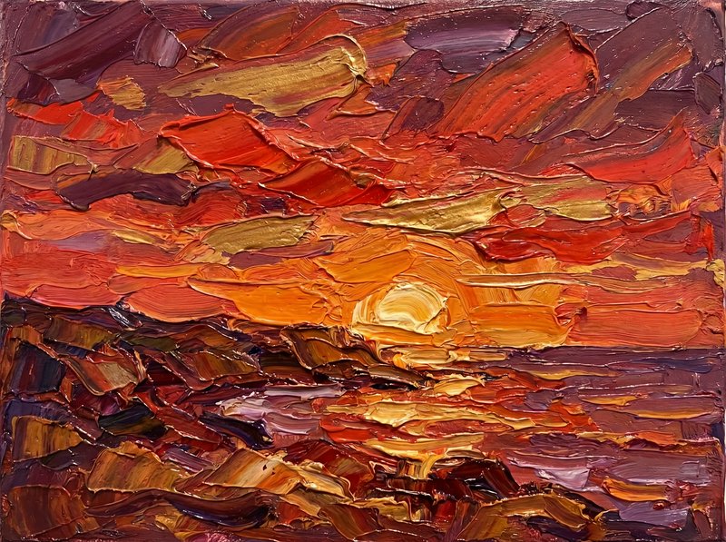 Impasto sunset over a rugged sea with warm orange, gold, and purple tones.