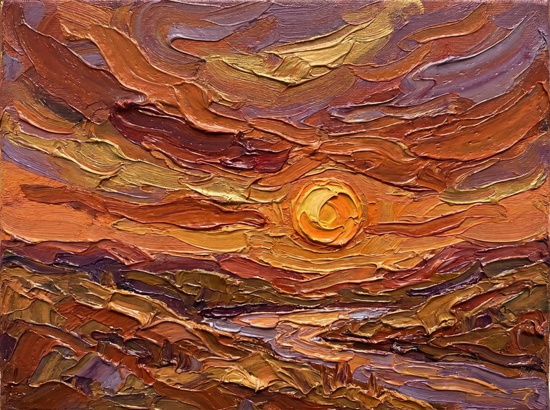Thickly textured abstract sunset landscape with swirling colors and a glowing sun.