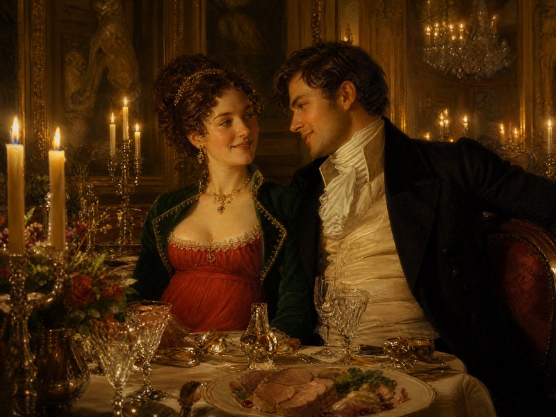 Romantic couple in Regency-era attire sharing a candlelit dinner at an ornate table.