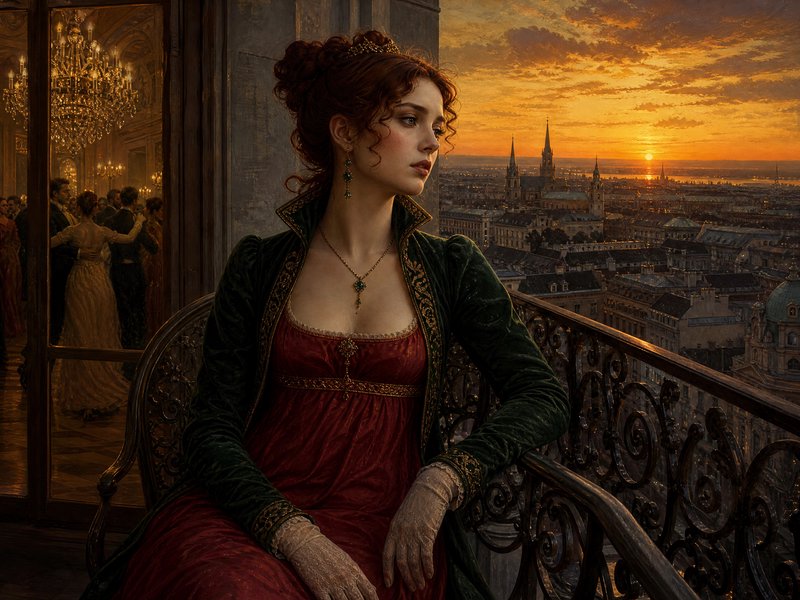 Rococo-era woman in emerald jacket and red gown on a balcony at sunset over Paris skyline