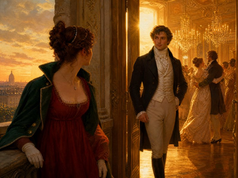 Elegant couple in 19th-century attire on a gilded ballroom balcony bathed in golden sunset light.