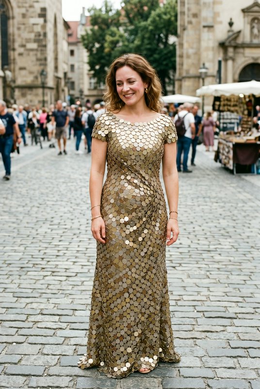 Woman in a gold sequin gown walking on a cobblestone street at an outdoor market.
