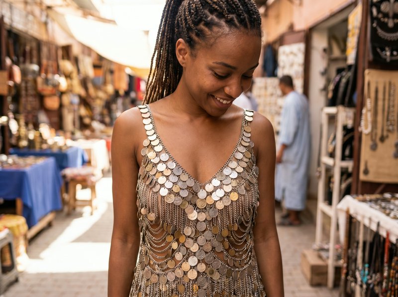 Woman in a coin-embellished dress smiles in a bustling outdoor market.