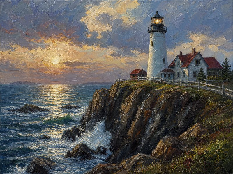 Impressionist oil painting of a lit white lighthouse atop a rocky coastal cliff at golden sunset, with crashing ocean wave...