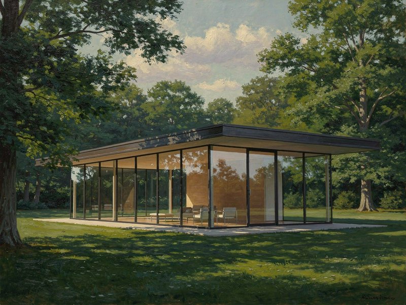 Oil painting of a minimalist mid-century modern glass pavilion home set on a sunlit lawn surrounded by lush green trees.