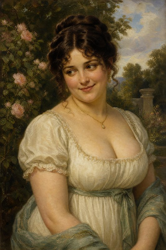 Oil portrait of a smiling Regency-era woman in a lace-trimmed gown, standing in a sunlit rose garden