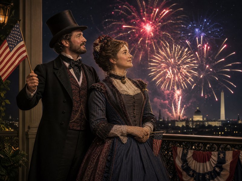 Victorian couple in 19th century formal attire watch 4th of July fireworks over Washington DC from a decorated balcony.