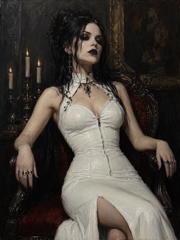 Gothic oil portrait of dark-haired woman in glossy white gown seated in an ornate red velvet armchair beside lit candelabra