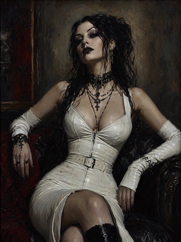 Textured oil portrait of a regal gothic woman in a white corset dress seated on an ornate dark armchair.