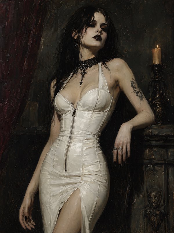 Gothic oil portrait of a pale woman in a white corset gown leaning beside a lit candle on a carved dark mantel