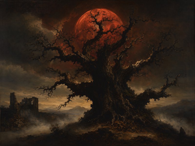 Massive gnarled leafless ancient tree silhouetted against a glowing blood red moon, misty gothic landscape with castle