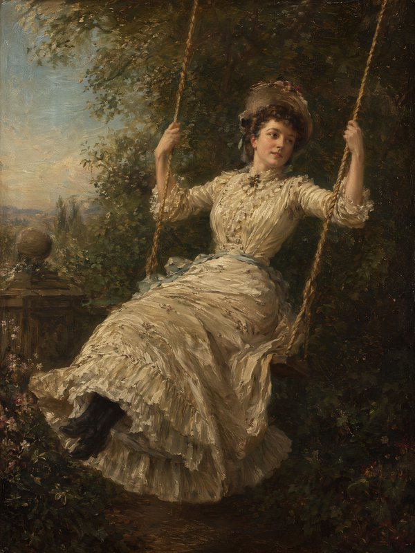 19th century oil painting of an elegant Victorian woman seated on a rope swing in a lush sunlit garden