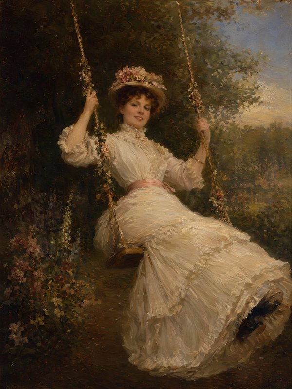 [Oil painting of a smiling elegant Edwardian woman seated on a flower-draped garden swing, looking toward the viewer]